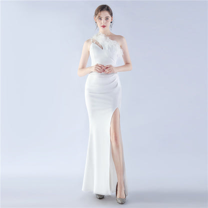 31358 #Hot trade new popular craft order ostrich hair banquet performance satin long evening dress
