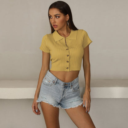 LOVEVOP independent station New explosion lapel short-sleeved shirt Popularan beautiful women's slim-fitting short navel-opening knitted bottoming shirt