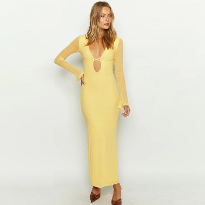 LOVEVOP  style cross-border foreign trade women's clothing  autumn and winter new hollow mesh long-sleeved deep V-neck lace-up dress