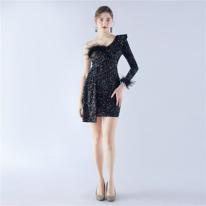 31330 #Hot Trade popular New Product Craftsmanship Order Ostrich Hair Annual Meeting Dinner Performance Short Evening Dress