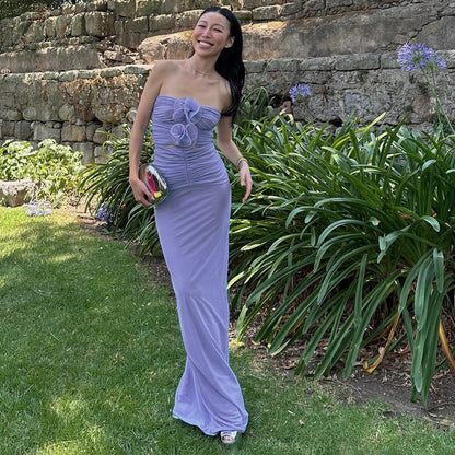 LOVEVOP popular  blue-purple mesh elegant three-dimensional flower dress women's fashion evening dress wholesale tube top skirt