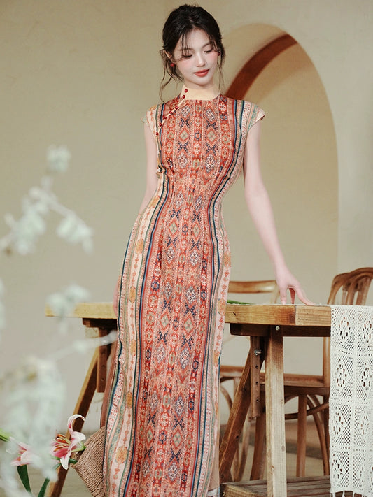 Ethnic tourism vacation new Chinese floral dress national style improved sleeveless red cheongsam women's cardigan two-piece set