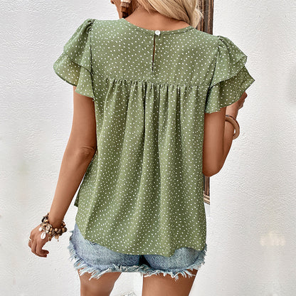 LOVEVOP New Cross-border popular Summer New 2025 Women's Clothing Lotus Leaf Edge Short Sleeve Green Printed Shirt Women