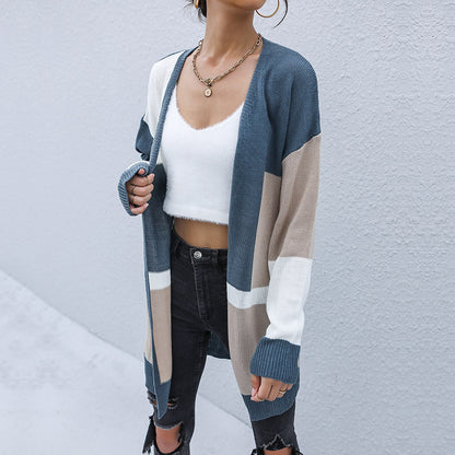 LOVEVOP New  Hot Early Autumn New Long Contrasting Sweater Casual Japanese Cardigan Jacket Women