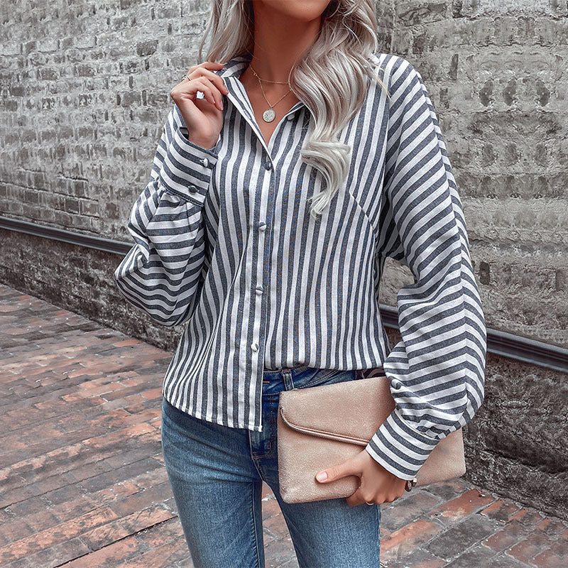 LOVEVOP Hot autumn new 2025 striped cardigan shirt long-sleeved commuter  lapel shirt women