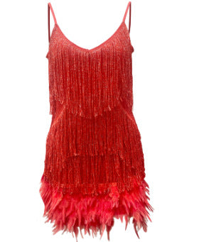 2025 Fashion Tassel Sequins, Multi-Colored Birthday Party, Sexy V-Neck Suspender Feather Patchwork Dress