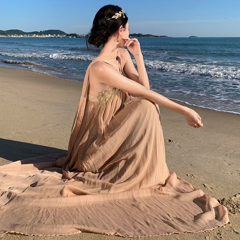 2025 Chic and beautiful one-word shoulder neck dress women's summer high-end desert travel photo seaside vacation beach dress