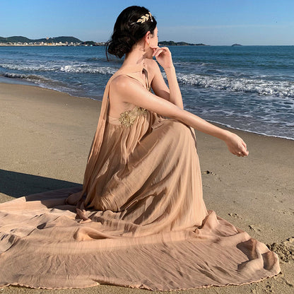 2025 Chic and beautiful one-word shoulder neck dress women's summer high-end desert travel photo seaside vacation beach dress