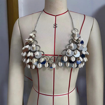 2025 L4888Y  new metal ring chest chain conch sequined pendant fashionable neck chest chain body chain real shot