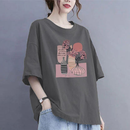 100Kg large size fat MM thin summer loose round neck T-shirt versatile short-sleeved top printed casual T-shirt women