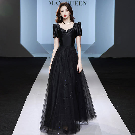 2025 Black banquet evening dress  spring new solid color heart collar bubble sleeve dress graduation performance dress
