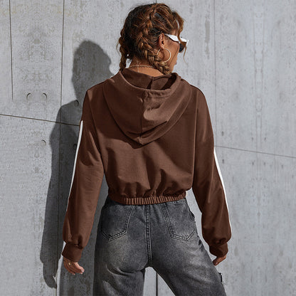 LOVEVOP 2025 autumn and winter sports hoodie women's popular new solid color casual short BM wind striped hooded sweater