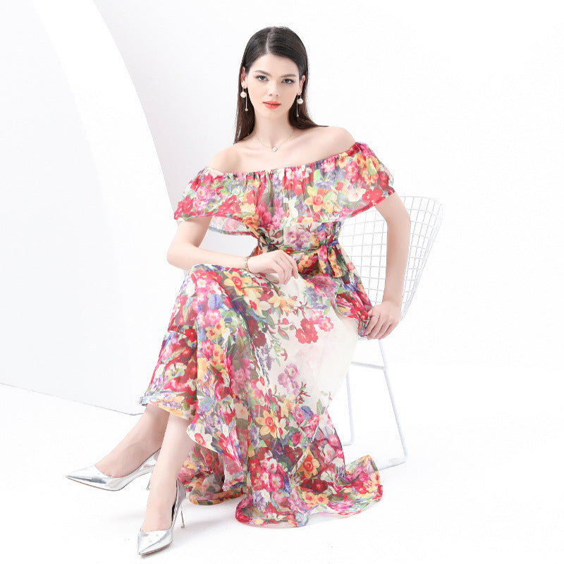 style sexy one-word shoulder chiffon printing high-end three-dimensional ruffle edge waist thin dress vacation dress