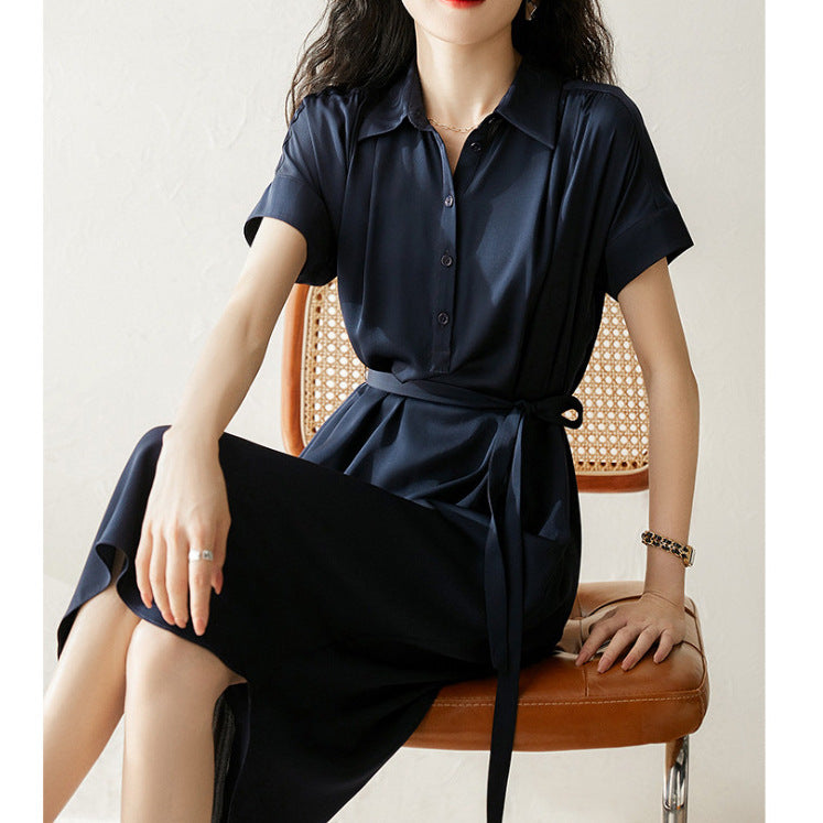 2025 Glossy, heavy silk dress, summer Hangzhou women's clothing medium and long, mulberry silk tooling shirt and skirt