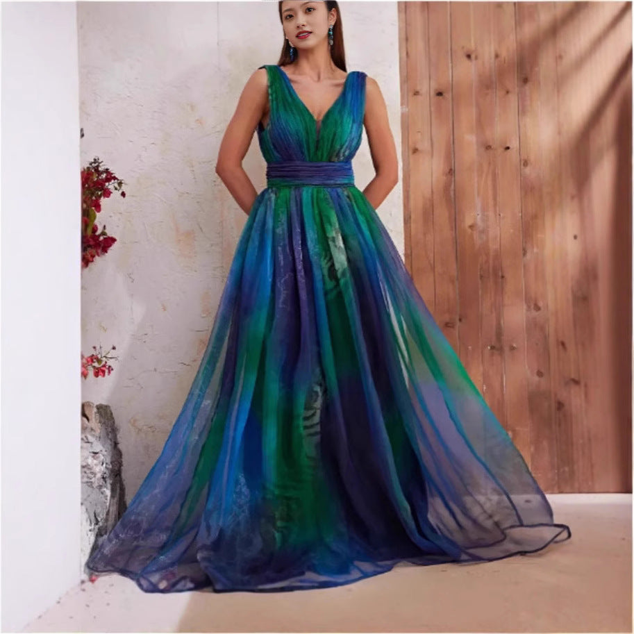 LOVEVOP 2025 popular  Popular trade women's summer new women's clothing ebay deep V backless printed chiffon pendulum dress