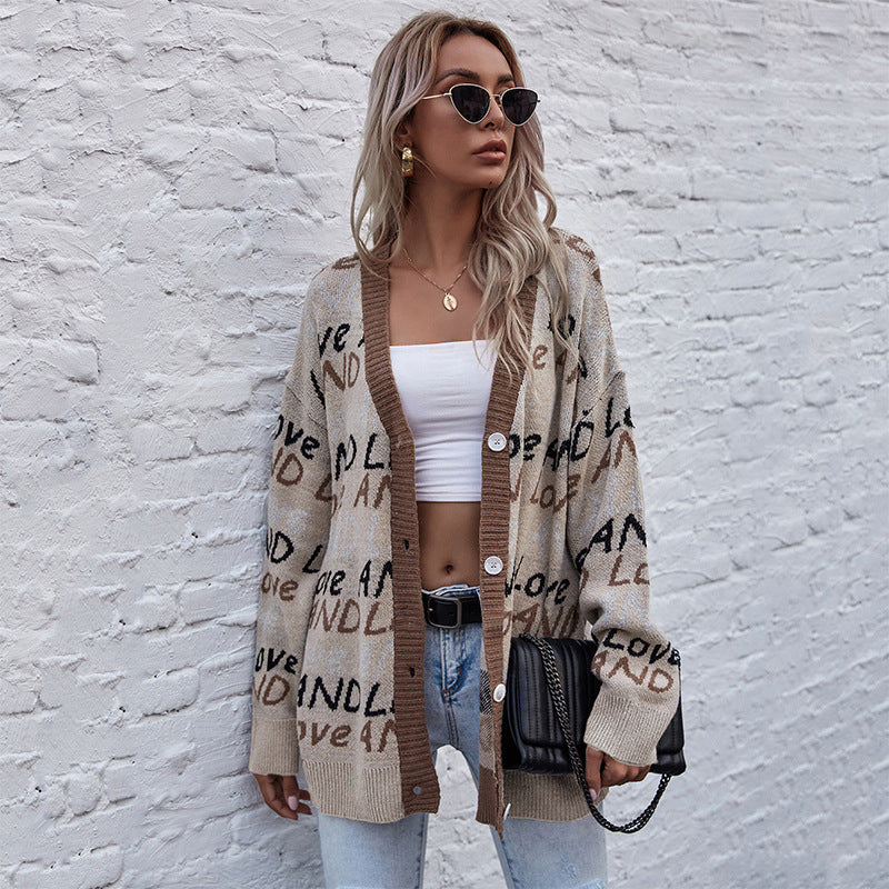 LOVEVOP Hot autumn and winter knitted cardigan 2025 letter fashion jacquard long-sleeved medium and long sweater jacket