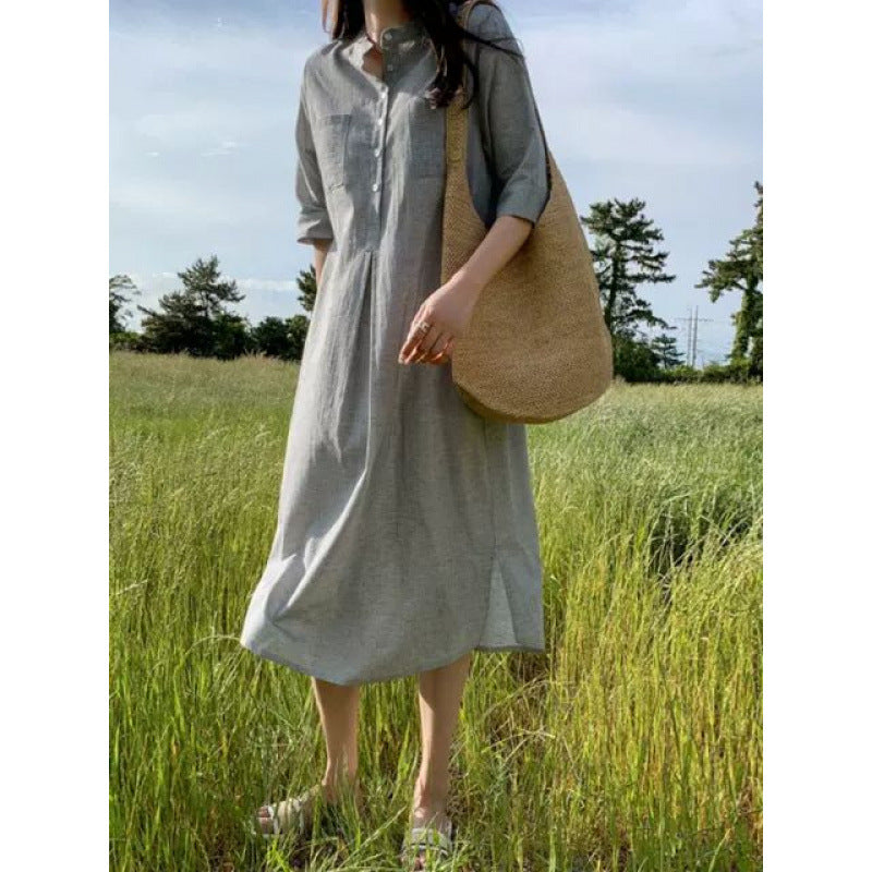 Design temperament literary striped shirt dress women's  summer new Korean version loose and thin medium and long dress