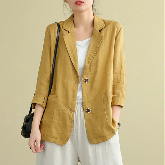 Cotton and linen jacket small suit  spring and autumn new loose literary and retro long-sleeved casual temperament outer suit women