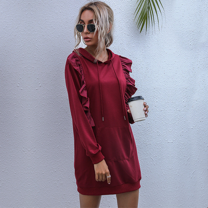 LOVEVOP popular new Popular trade long-sleeved hoodie women's clothing  New medium and long ruffle edge splicing sweater skirt