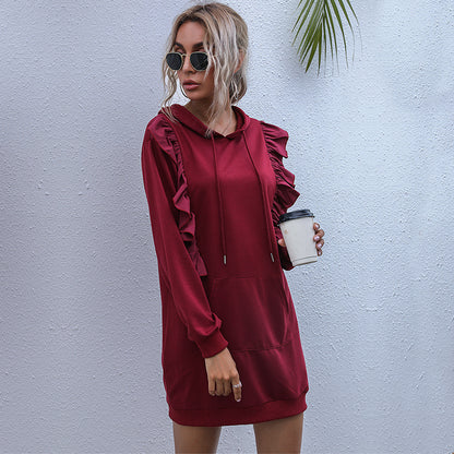 LOVEVOP popular new Popular trade long-sleeved hoodie women's clothing  New medium and long ruffle edge splicing sweater skirt