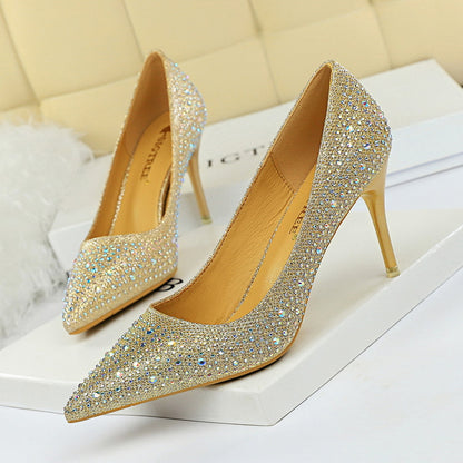 2025 9219-A22 Korean version of fashion wedding shoes, high heels, stiletto heels, shallow mouth, pointed head, sexy banquet rhinestone shoes