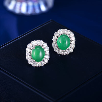 2025 New Chinese style Guochao temperament earrings light luxury retro natural ice green chalcedony earrings women's high-end oval earrings