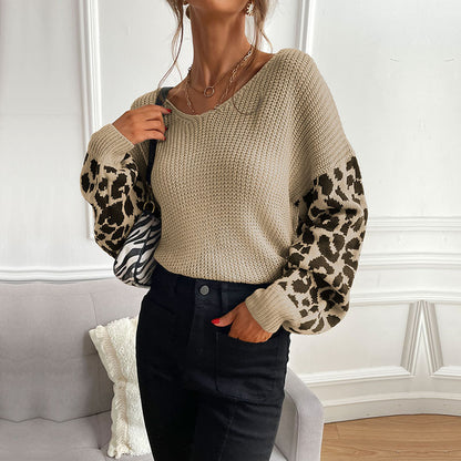 LOVEVOP Popular trade autumn and winter popular new V-neck knitted pullover top loose and lazy leopard print splicing sweater women