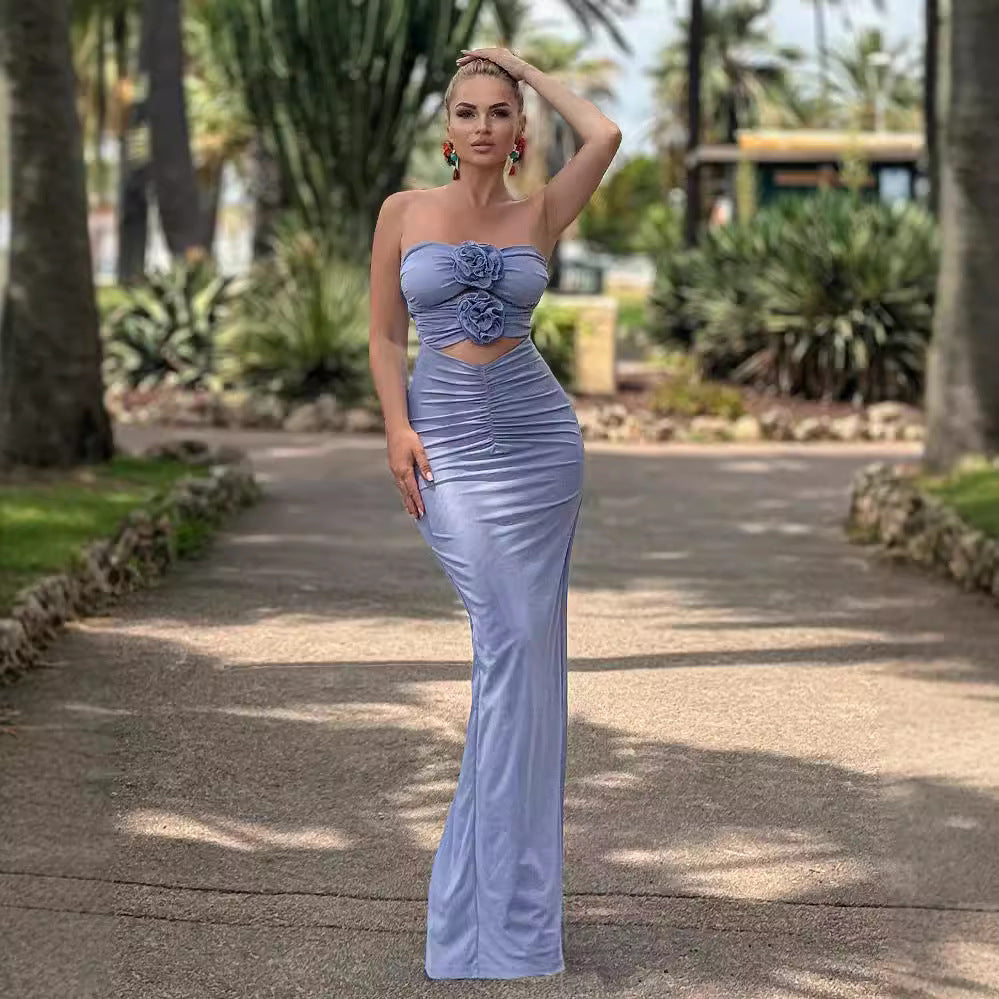 LOVEVOP popular  blue-purple mesh elegant three-dimensional flower dress women's fashion evening dress wholesale tube top skirt