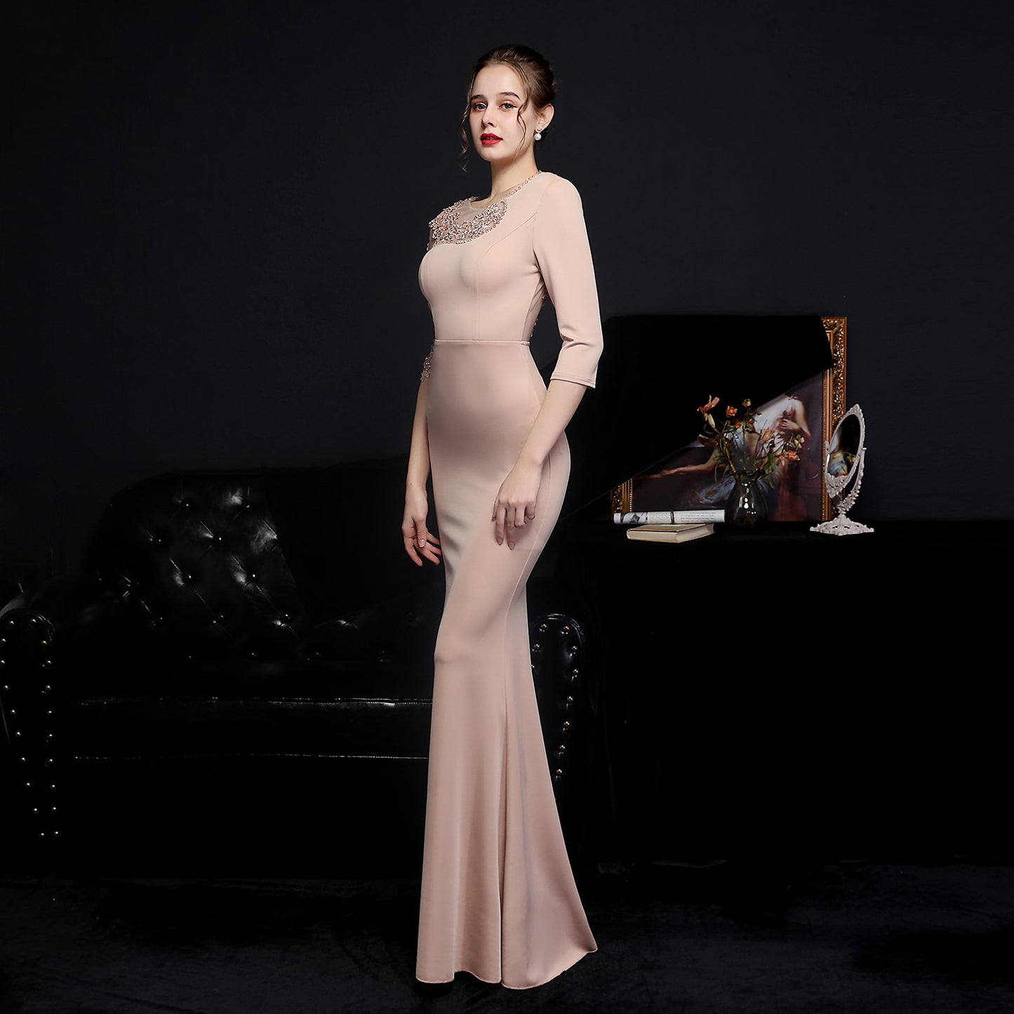 18586 #Full-craft lace ironing Popularan diamond toast dress bride long-sleeved thank you banquet fish tail evening dress