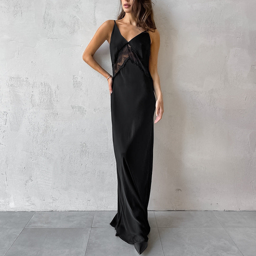 2025 Imitation satin acetate fashionable sexy spring suspender V-neck slim slim straight dress dress wholesale women