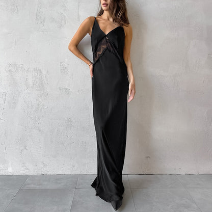 2025 Imitation satin acetate fashionable sexy spring suspender V-neck slim slim straight dress dress wholesale women