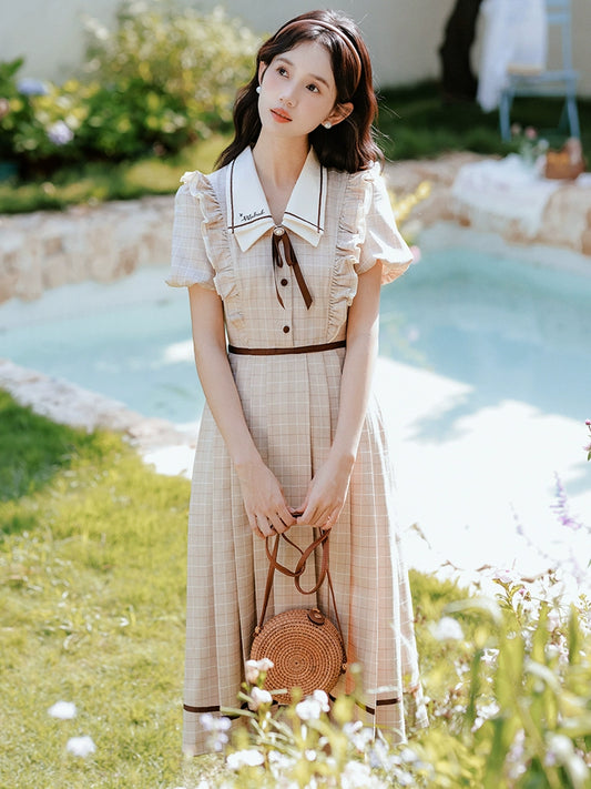 Summer great-looking age-reducing dress Zixia women's literature and art JK college retro embroidery plaid A-shaped skirt looks thin