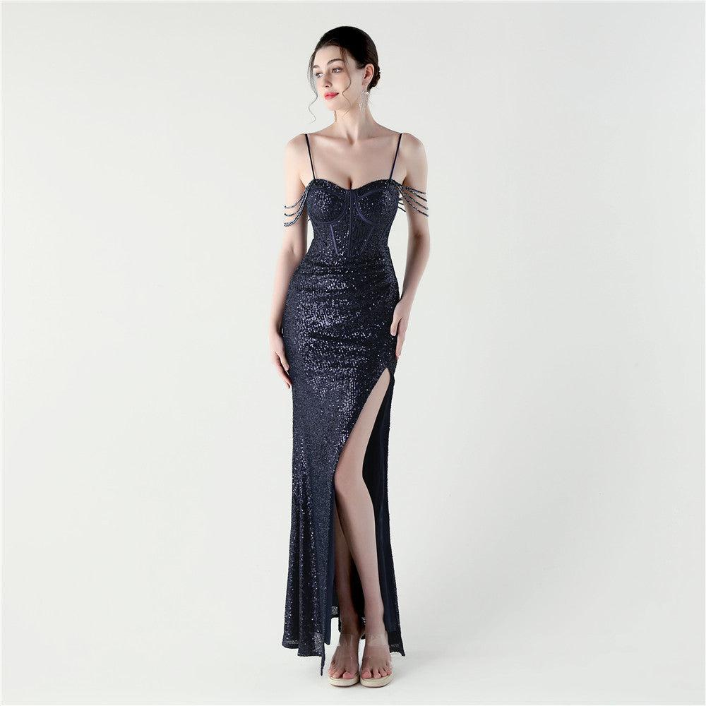33310 #Dinner Focus 2025 Premium Spot Sequin Fishbone Vest Bead Suspender High Split Evening Dress