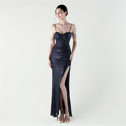 33310 #Dinner Focus 2025 Premium Spot Sequin Fishbone Vest Bead Suspender High Split Evening Dress