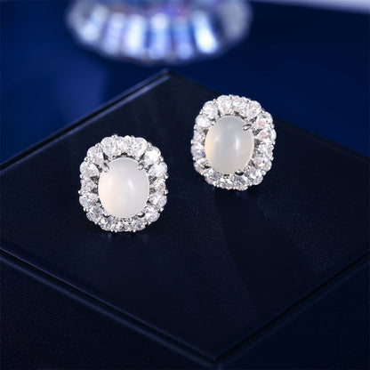 2025 New Chinese style Guochao temperament earrings light luxury retro natural ice green chalcedony earrings women's high-end oval earrings