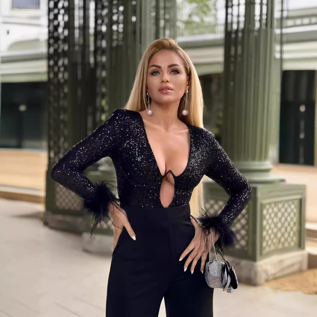 LOVEVOP  women's clothing early autumn new popular black long-sleeved beaded feather jumpsuit women's New thin jumpsuit
