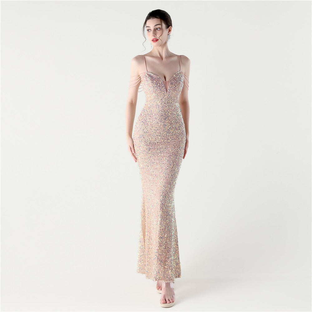 33313 #2025 New sequined beaded party wedding dinner suspender slim-fitting long evening dress