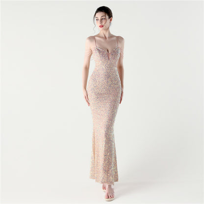 33313 #2025 New sequined beaded party wedding dinner suspender slim-fitting long evening dress