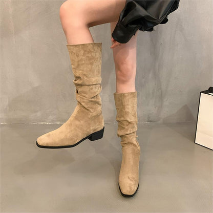 2025  Coarse Heel Suede Pile Long Knight Boots Women's Shoes popular Spring Autumn Winter Vintage Skinny Medium Long Brown Boots