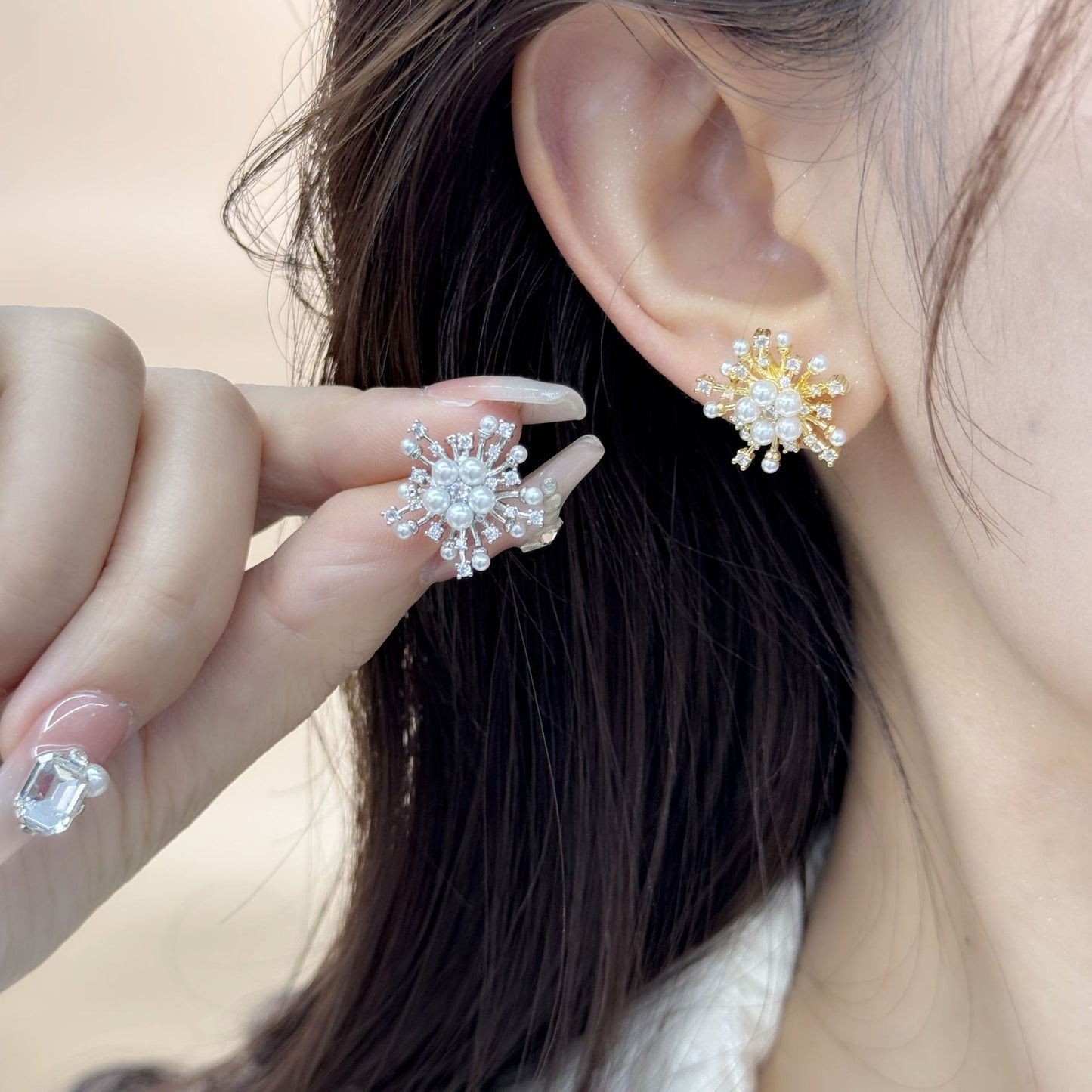 2025 Niche high-end micro-inlaid zircon fireworks pearl earrings women's s925 silver needle fashion light luxury temperament versatile earrings