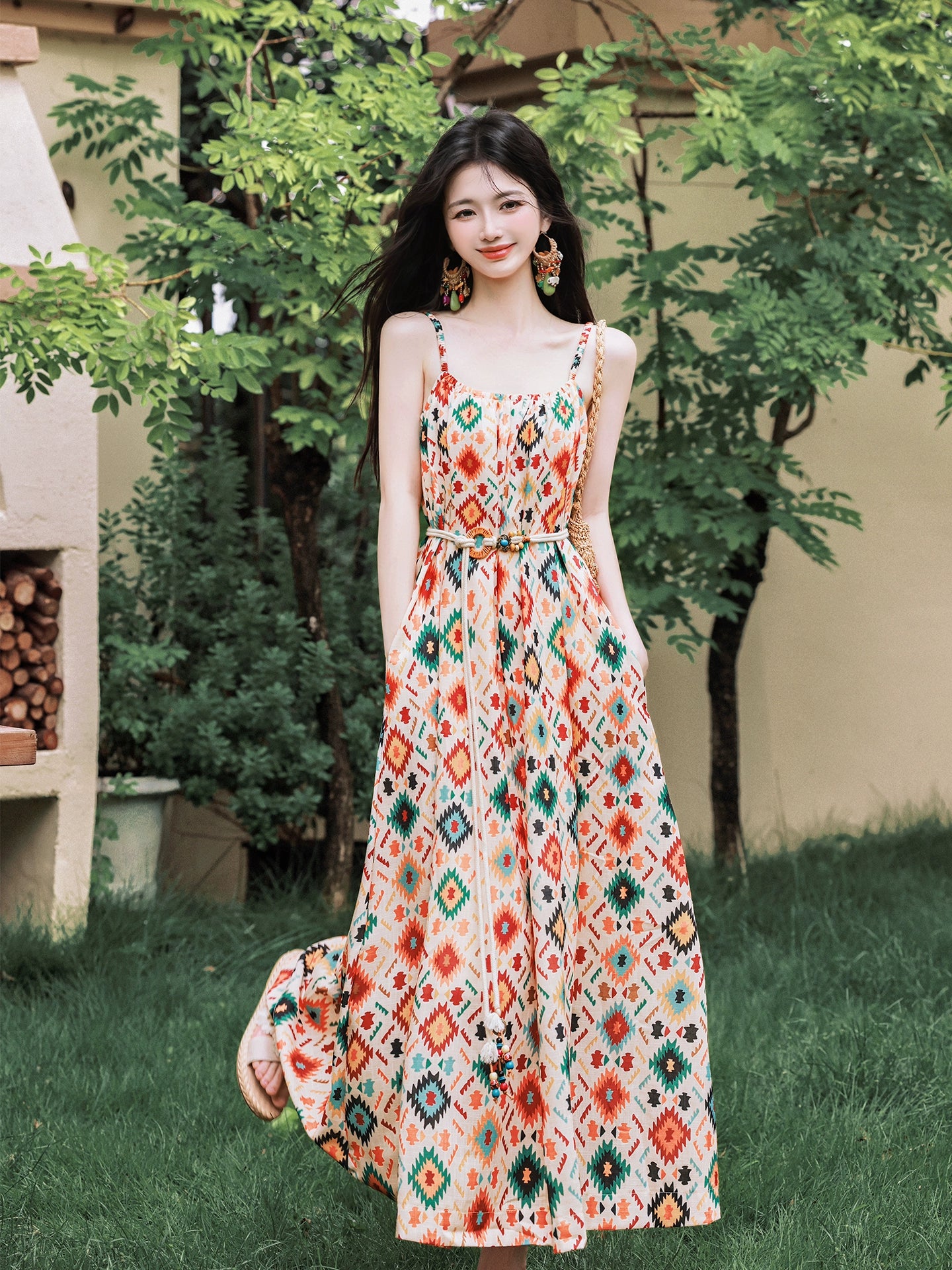South  seaside vacation floral suspender dress women's summer loose long dress with hollow crochet jacket two-piece set