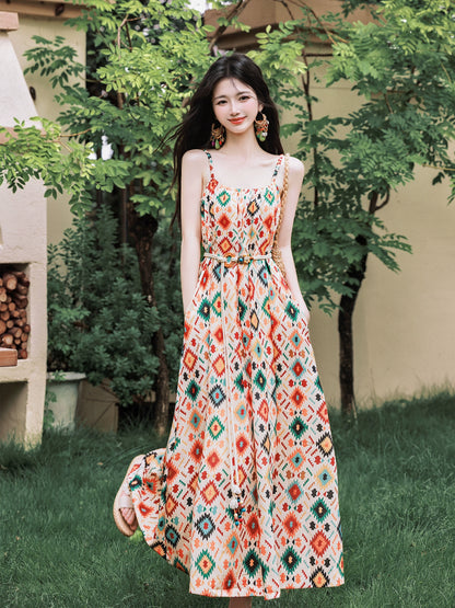 South  seaside vacation floral suspender dress women's summer loose long dress with hollow crochet jacket two-piece set