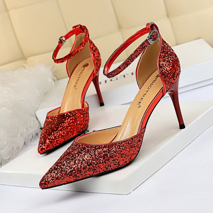 2025 283-A1  sexy nightclub women's shoes high heel shallow mouth pointed metal thin heel with sequined hollow sandals