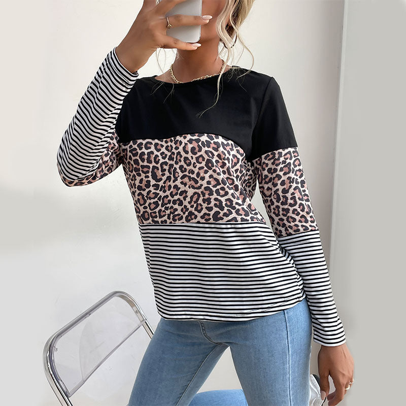 LOVEVOP Popular trade popular autumn 2025 contrasting color pullover top round neck street leopard print splicing bottoming T-shirt women