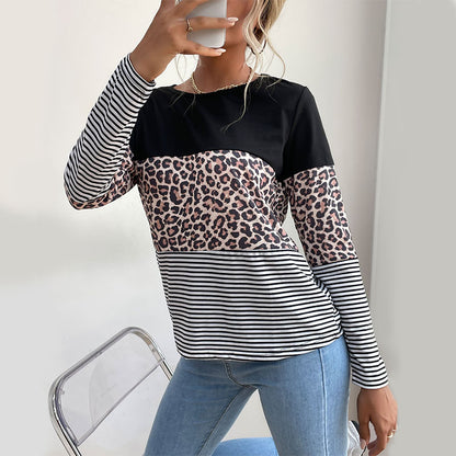 LOVEVOP Popular trade popular autumn 2025 contrasting color pullover top round neck street leopard print splicing bottoming T-shirt women