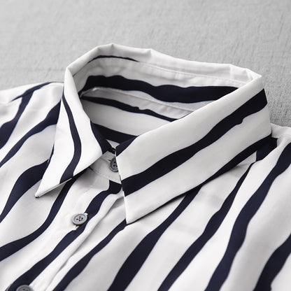 Loose casual striped shirt women's summer new short-sleeved top super good-looking unique and thin chic temperament shirt