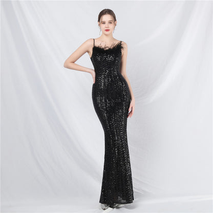 31831 #Hot Trade New Craft Ostrich Hair High-end Symphony Bead Evening Dress Banquet Party Dress