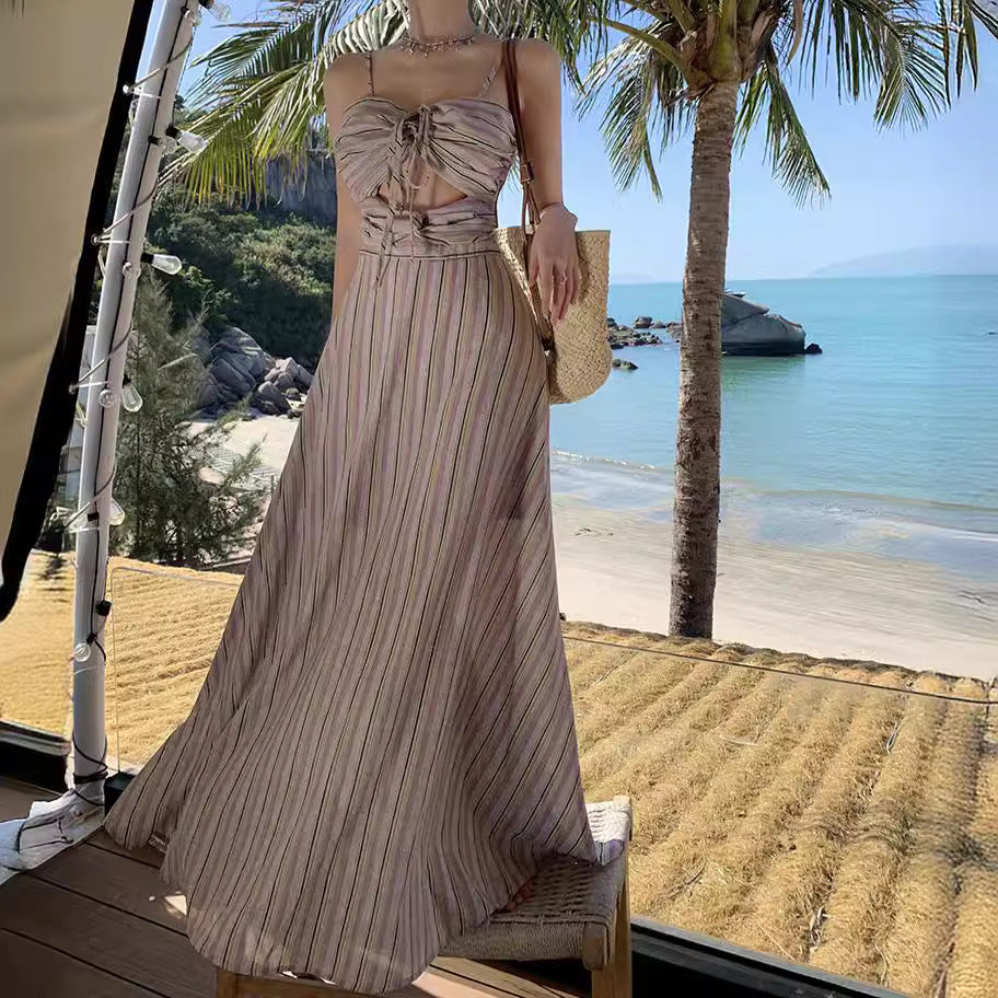 2025 Xiaohongshu same holiday style hollow lace-up high waist striped suspender dress summer seaside beach dress