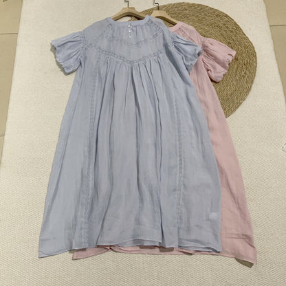 Shallow Spring Dress Smart Girl Romantic Fairy Lace Bubble Short Sleeve Dress Crew Neck Girl