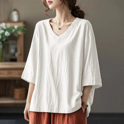 summer new loose and versatile large size seven-quarter sleeve temperament V-neck T-shirt fat mm literary top bottoming shirt women